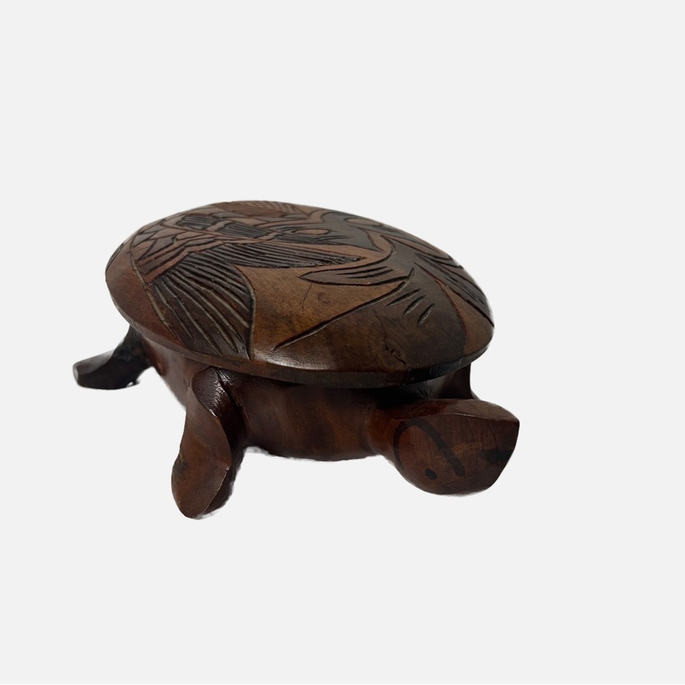 Vintage Hand Carved Wood Turtle Tortoise  Trinket Coin Jewelry Box Brown Lid